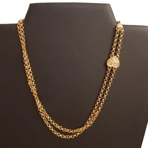 VANNA WHITE VINTAGE GOLDTONE DOUBLE CHAIN NECKLACE WITH RHINESTONE HEART DETAIL - Picture 1 of 6